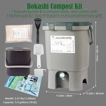 20L Bokashi Compost Bin, 5.28 Gallon Compost Bin for Kitchen Composter with Lid, Bokashi Start Kit with Bran (Tan & Dark Green) (18.8L/5 Gal Grey) - color: 18.8L/5 Gal Grey