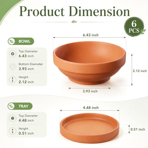 Laerjin Terracotta Pots, 6.43 Inch Shallow Planters with Saucers, 6 Pack - size: 6.43 inch+saucer