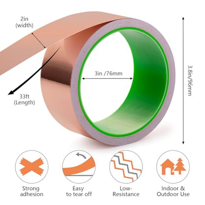 Copper Foil Tape 2 Inch x 33 Ft, Conductive Adhesive, 1 Roll