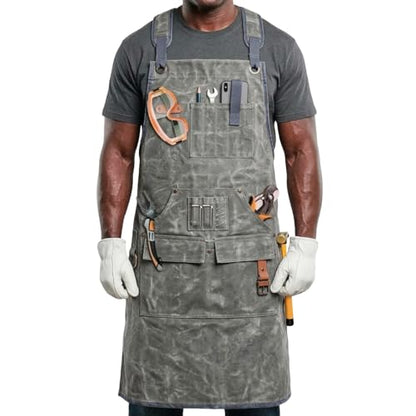 Woodworking Apron for Men,Poly Cotton Heavy Duty Waterproof Waxed Canvas Welding Apron with 9 Tool Pockets - color: Grey