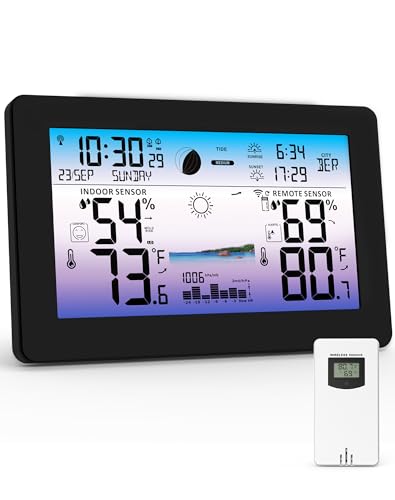 Weather Station Wireless Indoor Outdoor, Large Color HD Display with Remote Sensor, Weather Forecast, Atomic Clock, Moon Phase, Black