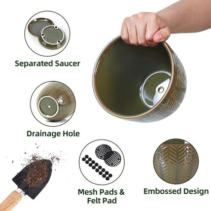 Sureasy 6.5 Inch Ceramic Plant Pots Set of 2, Green Embossed - color: Green, size: 6.5 inch