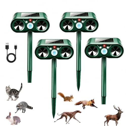 2026 New Solar Ultrasonic Animal Repeller Sonic Deer Repellent Devices -4 Pack Waterproof Motion Sensor Animal Deterrent Devices Outdoor Cat, Rabbit, Skunk,Squirrel,Racoon Repellent for Yard Garden