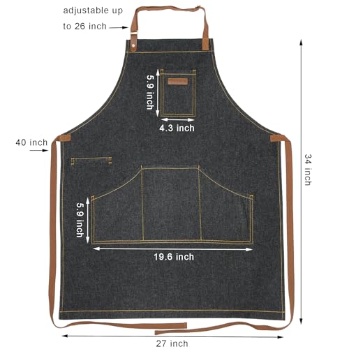 Black Kitchen Apron with Pockets & Towel Loop for Men Women, Denim - color: Black Denim 9#