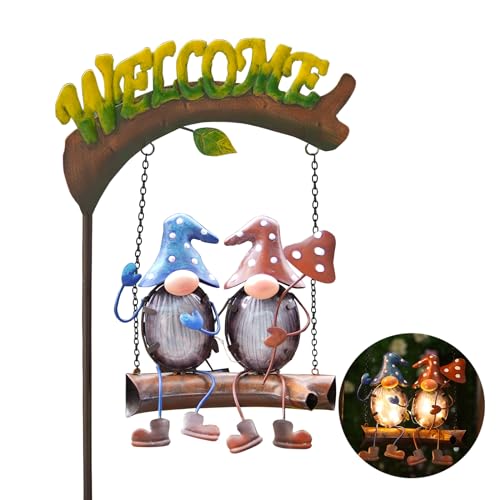 HONGLAND Gnomes Garden Decor Solar Lights, 48 Inch Welcome Sign Swing Yard Decorations Outdoor Decorative Stake for Lawn Porch Backyard Patio, Gnome Gardening Gifts for Women Mom - color: Gnome Swing