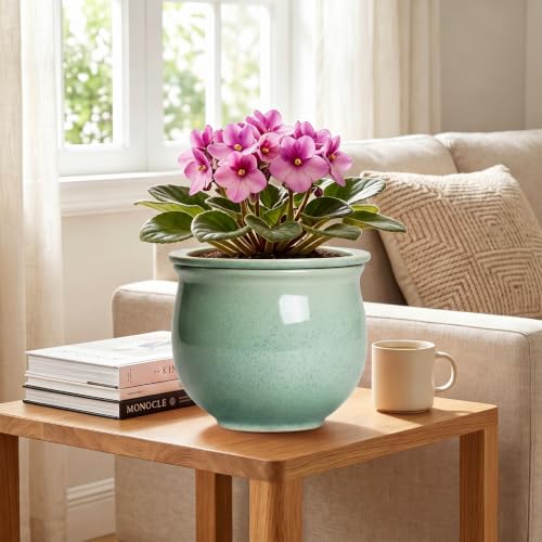 Ceramic Self Watering Planter, 8 Inch African Violet Pots, Green - color: Green, size: 8 Inch
