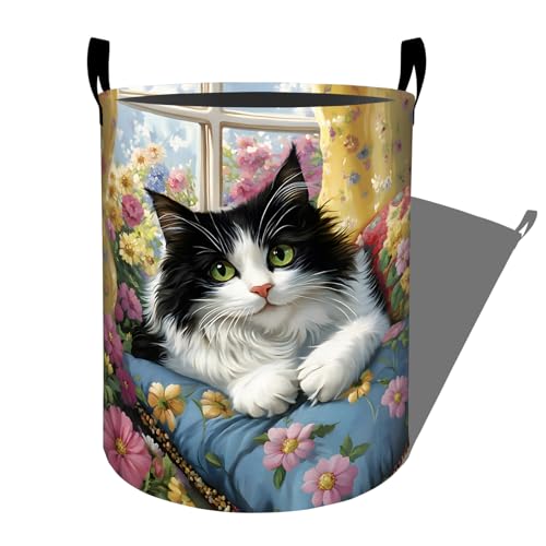 Cat Floral Laundry Basket, Colorful Flower Garden Storage Hamper, Round Collapsible Waterproof Cloth Bin, 19.7x15.7 Inch Cozy Vintage Farmhouse Clothes Organizer Gifts for Bathroom Decor - color: Cat 02