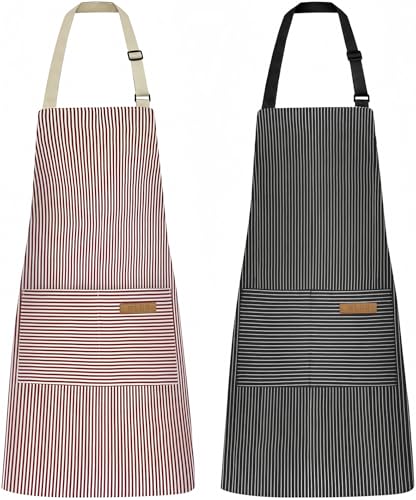 NLUS 2 Pack Kitchen Cooking Aprons, Adjustable Bib Soft Chef Apron with 2 Pockets for Men Women (Black Pinstripes/Pink Pinstripes) - color: Black Pinstripes/Pink Pinstripes