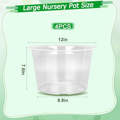 FUIJOL 12 Inch 4 Pack Large Clear Plastic Nursery Pots with Drainage - size: 12inch-4Pack