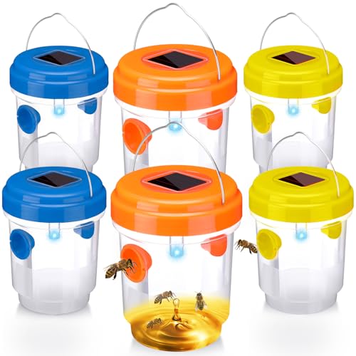 6 Pack Wasp Trap Solar Powered Bee Trap Reusable Fly Traps Outdoor Hanging Wasp Killer with UV LED Light Flying Insect Bee Killer for Indoor Outside Patio Home(Orange, Yellow, Blue,6 Packs) - color: Orange, Yellow, Blue