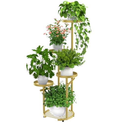 TOSKING Tall 5-Tier Round Metal Corner Plant Stand Indoor, Anti-Tip, Gold - color: Gold, size: 5-Tier Round Base