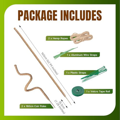 Mcbazel 2 Pack 63 Inch Bendable Moss Pole for Plants Monstera - Extra Tall 5.2ft Coco Coir Plant Support Stakes for Large Indoor Climbing Vines - Flexible Totem Stick Kit with Rope, Wire & Ties - size: 2x160CM/63inch