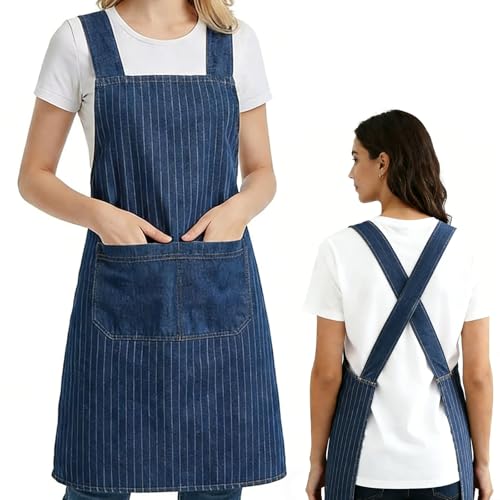 Denim Cross Back Aprons for Women with Front Pockets - color: Stripe