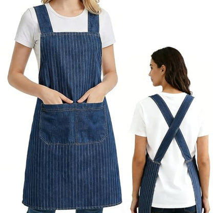 Denim Cross Back Aprons for Women with Front Pockets - color: Stripe