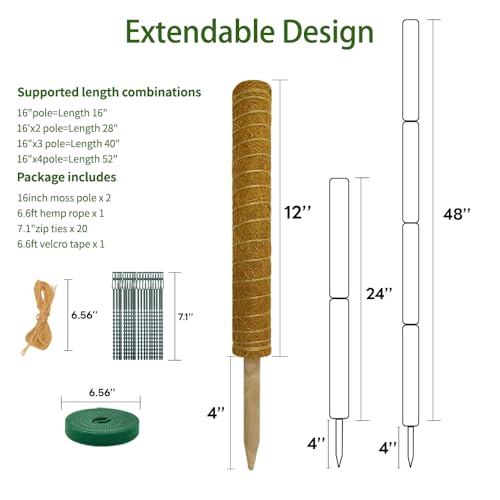 Moss Pole Monstera Plant Support: 4 Pack 16 inch Stackable Coco Coir - size: 4-pack