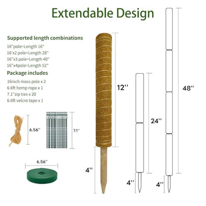 Moss Pole Monstera Plant Support: 4 Pack 16 inch Stackable Coco Coir - size: 4-pack