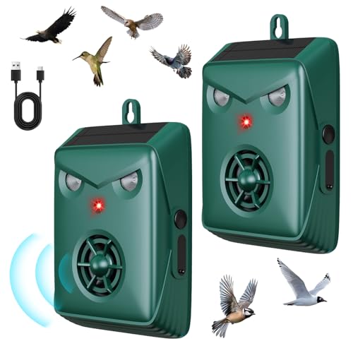 2026 Solar Ultrasonic Bird Repellent Outdoor, 2 Pack Waterproof Bird Deterrent for Balconies Patio Garden & Yard, Pigeon Deterrents for Woodpeckers, Pigeons, Geese - Effective Bird Control