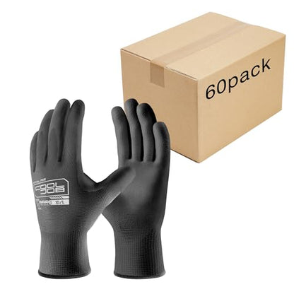 COOLJOB 60 Pairs Safety Work Gloves Pack Bulk with Grip PU Coating - color: Black, size: Small (Pack of 60)