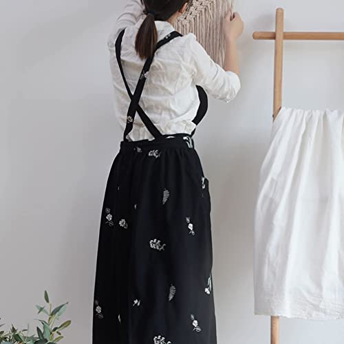 Cotton Pleated Apron Retro Waterdrop Proof Garden Cleaning Pinafore Dress - color: Floral Black