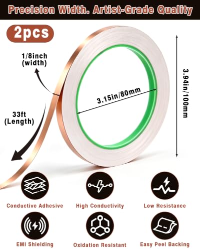 FIVEIZERO Copper Foil Tape 2 Rolls, 1/8 Inch x 33FT - size: 1/8" × 33ft (2 Pack)