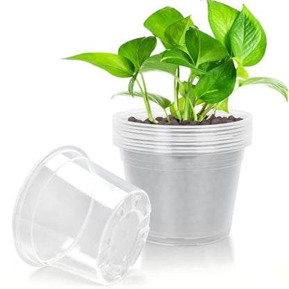 8 Inch Large Clear Nursery Pots with Drainage, 10 Pack Plastic Pots for Plants, Clear Plant Seedling Pots for Indoor & Outdoor Gardening (8 inch) - size: 8 inch