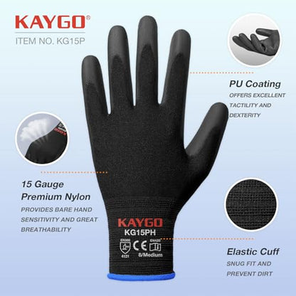 KAYGO Ultra Thin PU Coated Work Gloves, Nylon Knit, KG15P, 12 Pairs - color: Black, size: Medium