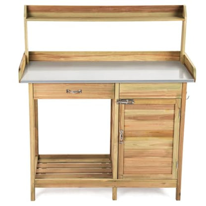 44-Inch Wooden Potting Bench with Galvanized Metal Tabletop, Garden Workbench with Storage Cabinet, Drawer, Hooks, Waterproof Surface for Greenhouse, Patio