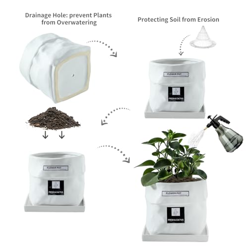 Nihow 8 Inch Ceramic Plant Pot with Drainage & Square Saucer,White - color: White, size: 8 Inch