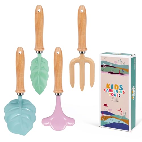 Toddler Gardening Tools Set for Kids 2-5 Years and Up, 4 Pieces Outdoor Sand and Beach Toys with Shovel and Rake, Children Garden Kit, Educational Gift for Boys and Girls - color: blue, pink, green, brown
