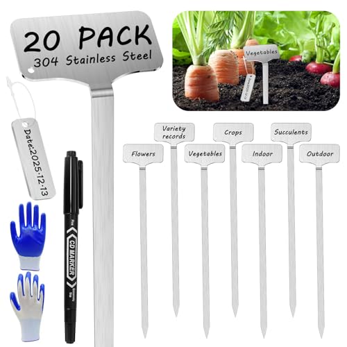 304 Stainless Steel Plant Markers, 20 Waterproof Metal Plant Label Stakes with 20 Tag Buckles & Marker Pen, 12.75" Garden Markers for Outdoor Indoor Plants Identification. - size: 12.75inch