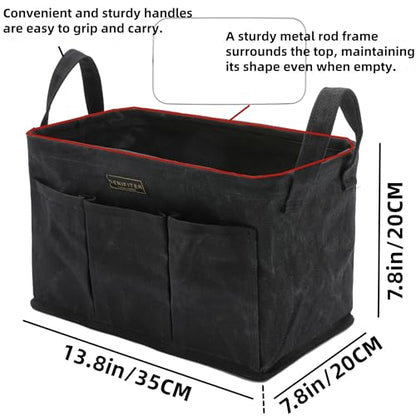 Storage Tool Case, 13.8 x 7.8 x 7.8 Inches, Rectangular Waxed Canvas Fabric Collapsible Tool Bag with Handles for Tools,Wrench Set,Screwdrivers (Black) - color: Black-Single