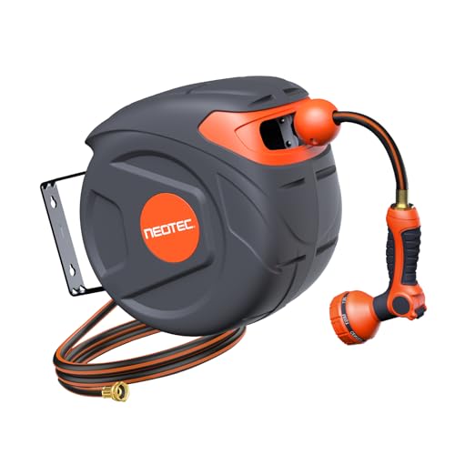 Heavy Duty Retractable Garden Hose Reel 1/2" x 50ft, Wall Mounted, Any Length Lock, 9 Pattern Nozzle, Automatic Slow Return, 180° Swivel & UV Resistant Design - size: 1/2inch 50ft