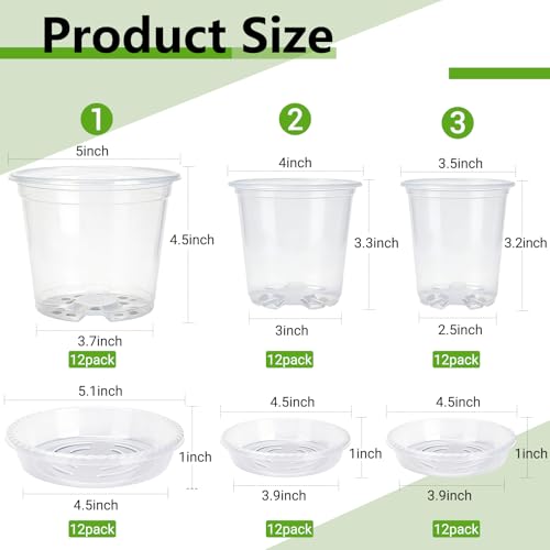 36 Pack Clear Nursery Pots with Saucers(3.5/4/5 Inch)