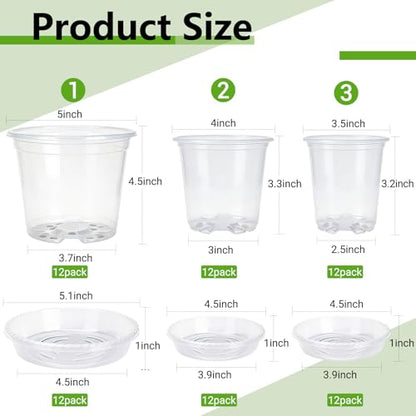 36 Pack Clear Nursery Pots with Saucers(3.5/4/5 Inch)
