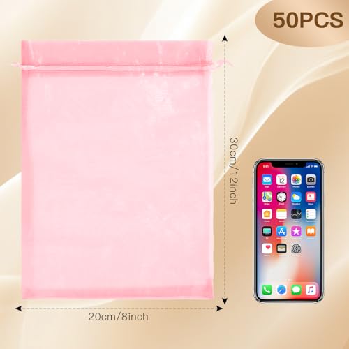 Diueoly Pink Organza Bags, Mesh Drawstring 8x12 Inch, 50PCS, Wedding Gift Bags, Party Favor Bags, Fruit Protection Bags - color: pink