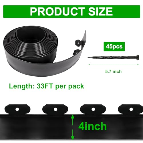 JERIA 4 Inch Tall 33 FT Garden Edging Kit with 45pcs Spikes, Plastic Edging for Landscaping - size: 4IN x 33FT