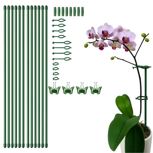 Extendable Plant Stakes 12 Inch, 12-Pack Heavy Duty Plant Support Poles with 12 Clips, Stackable Plant Holder Sticks for Orchid, Monstera, Amaryllis, Tomato, Indoor Outdoor Plants