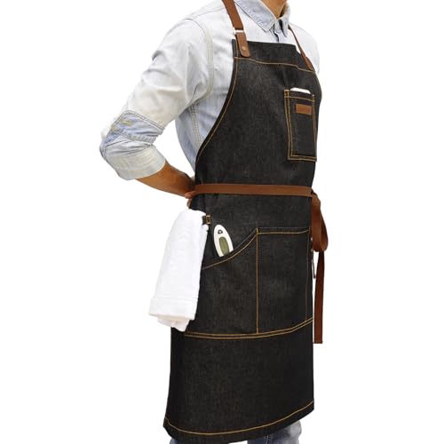 Black Kitchen Apron with Pockets & Towel Loop for Men Women, Denim - color: Black Denim 9#