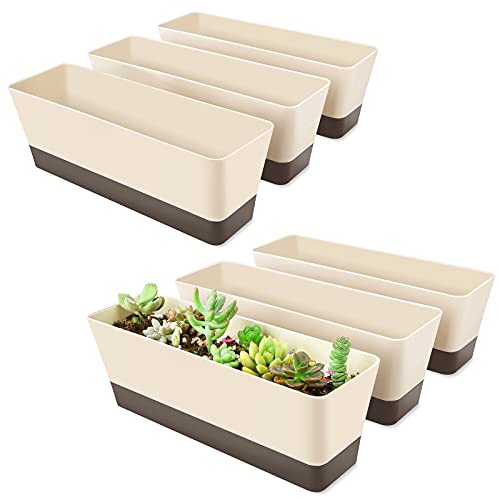 GREANER 6 Pack Window Box Planter,12x3.8 Inch Rectangle Herb Planter with Saucer, Modern Indoor Small Succulent Cactus Plastic Plant Pot for Windowsill, Garden Balcony, Home Office Outdoor Decoration - size: 6Packs/12x3.8in