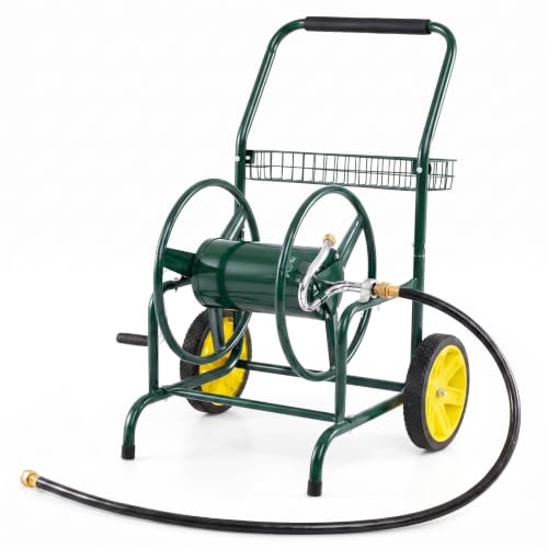 Goplus Garden Hose Reel Cart, 230ft 5/8" or 300ft 1/2" Heavy-Duty Metal Hose Cart w/ 2 Wheels, Storage Basket, Portable Water Hose Organizer for Yard Planting Lawn - color: Green, size: 230 FT 5/8" Hose