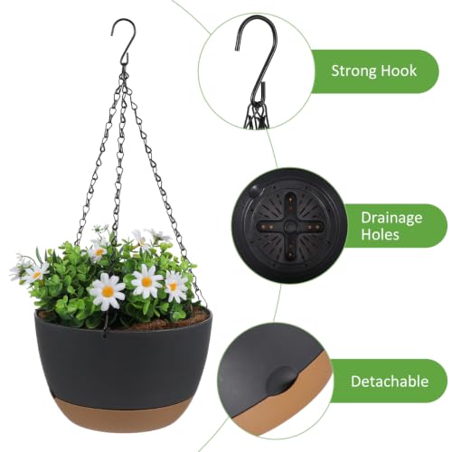 2 Pack Self Watering Hanging Planters: 9.7 Inch Pots with Chain Tray, Black - color: Black