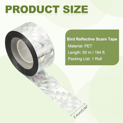 MECCANIXITY 164ft Long 1" Wide Silver Dual Side Reflective Holographic Flash Bird Scare Tape Ribbon to Keep Birds Away, Hang Tie on Garden Farm Orchards Balcony Patio Yard Fence, Floral - size: 164ft x 0.94in