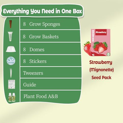 Strawberry Seed pod Kit for Hydroponics Compatible with Aerogarden, Includes Seed, Grow Sponges, Baskets, Domes, A&B Plant Food - Hydroponics Supplies for Most Brands 8-POD - style: Strawberry