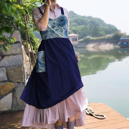 Cotton Linen Apron Cross Back Apron for Women with Pockets Pinafore Dress - color: Flora Navy Blue