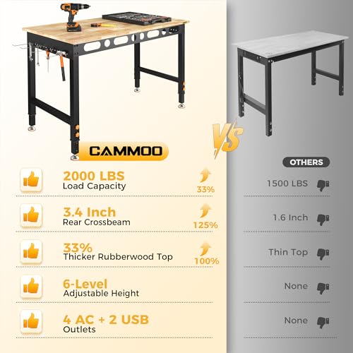 CAMMOO 48" Adjustable Workbench, 2000 LBS Capacity, Pegboard & Power Strip