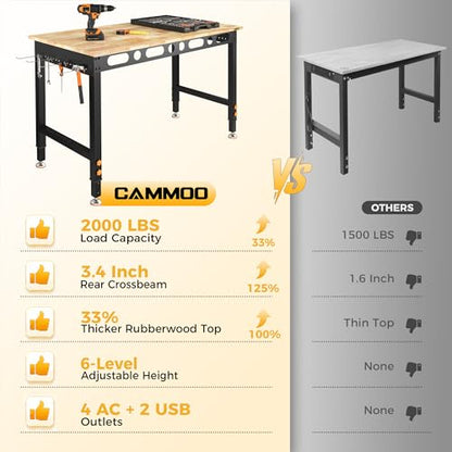 CAMMOO 48" Adjustable Workbench, 2000 LBS Capacity, Pegboard & Power Strip