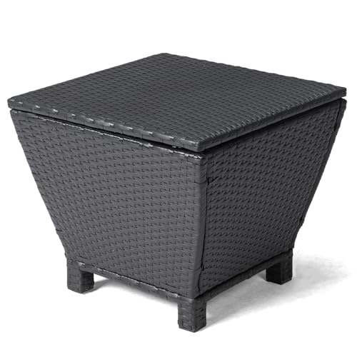 VINGLI 13 Gallon Outdoor Deck Box, Wicker Outdoor Storage Box with Lid, Small Storage Bin Container for Outside and Patio, Patio Rattan Side Table for Yard Porch (Black, Trapezoidal) - color: Black, size: Trapezoidal