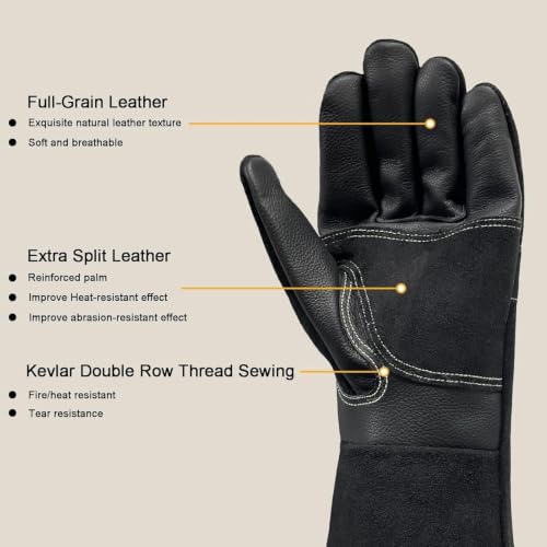 Leather Welding Gloves, Fireplace Glove,Fire & Heat Resistant, L - color: Black 1 Pair, size: Large