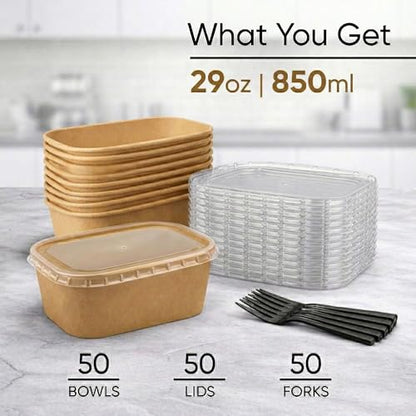 50 Pack 29oz Disposable Meal Prep Containers with Lids, Paper Food Bowls - size: 29Oz