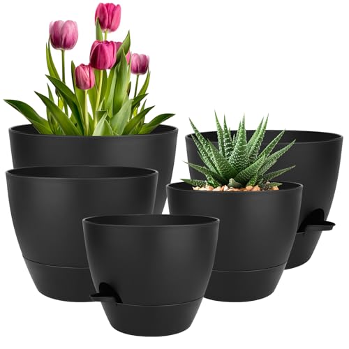 QRRICA Plant Pots 10/9/8/7.5/7 Inch Self Watering Pots, Set of 5 Plastic Planters with Drainage Holes and Saucers,Plastic Flower Pots,Nursery Planting Pot for Indoor Out Door Plants(All Black) - color: All Black, size: 10/9/8/7.5/7 inch